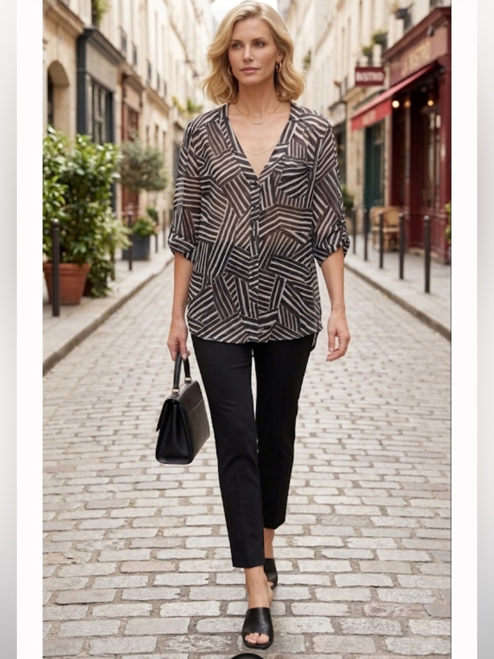 Sandro Graphic Sheer Neutral Loose Blouse V Neck Tab Sleeves Tunic Lightweight S